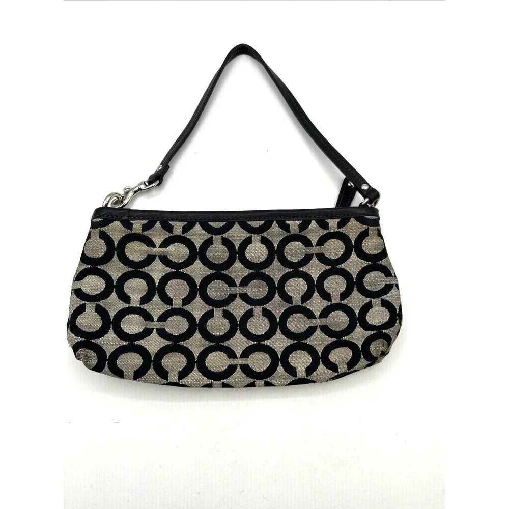 Coach Madison OP Art Wristlet Women Small Grey Signature Jacquard Zip Clutch